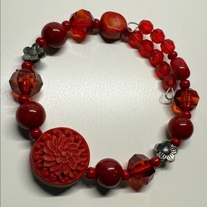 Red Beaded stretch wire faux cinnebar Bracelet